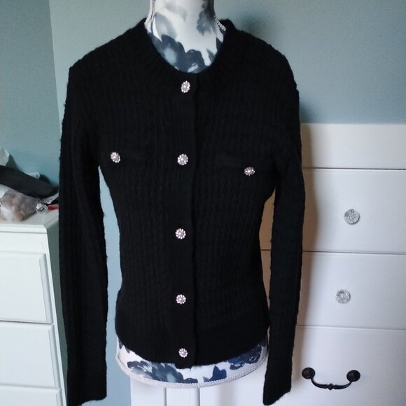 Black Cotton Textured Cardigan with Rhinestone Buttons, NWOT - Picture 2 of 10